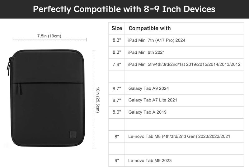 Dadanism 8-9 Inch Tablet Sleeve Padded Carrying Case for iPad mini 7th/6th 8.3", iPad mini 5/4/3/2/1 7.9", Remarkable Paper Pro Move 7.3" 2025, Galaxy Tab A9/A7 Lite 8.7", Tab M8 8", Tab M9 9", Black - Image 2